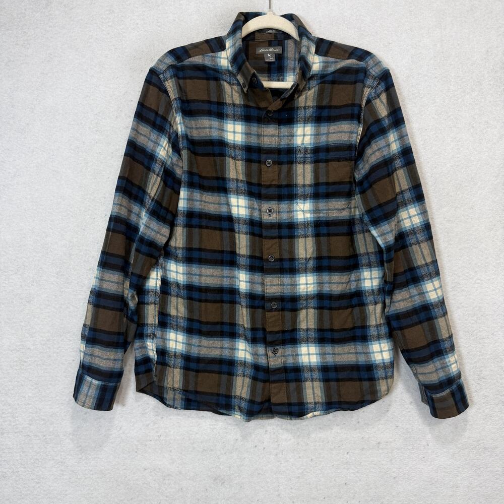 Eddie Bauer Shirt Mens Medium Blue Brown Plaid Flannel Long Sleeve Button Up